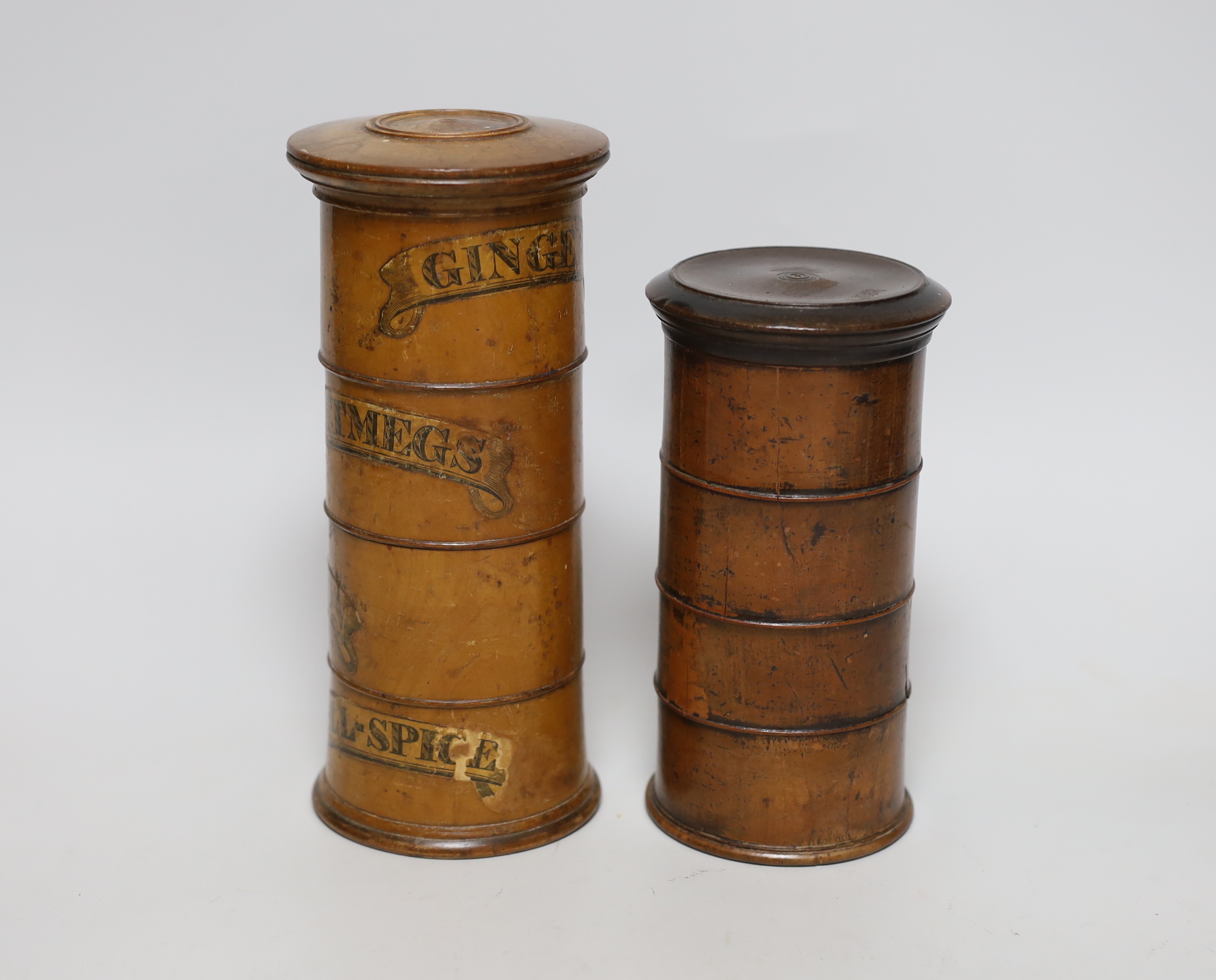 Two 19th century treen spice towers, tallest 19.5cm